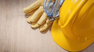 hard hat, safety goggles, and gloves